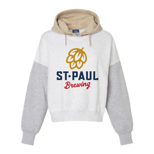 MV Sport - Women's Sueded Fleece Colorblocked Crop Hooded Sweatshirt - Printed Logo Thumbnail